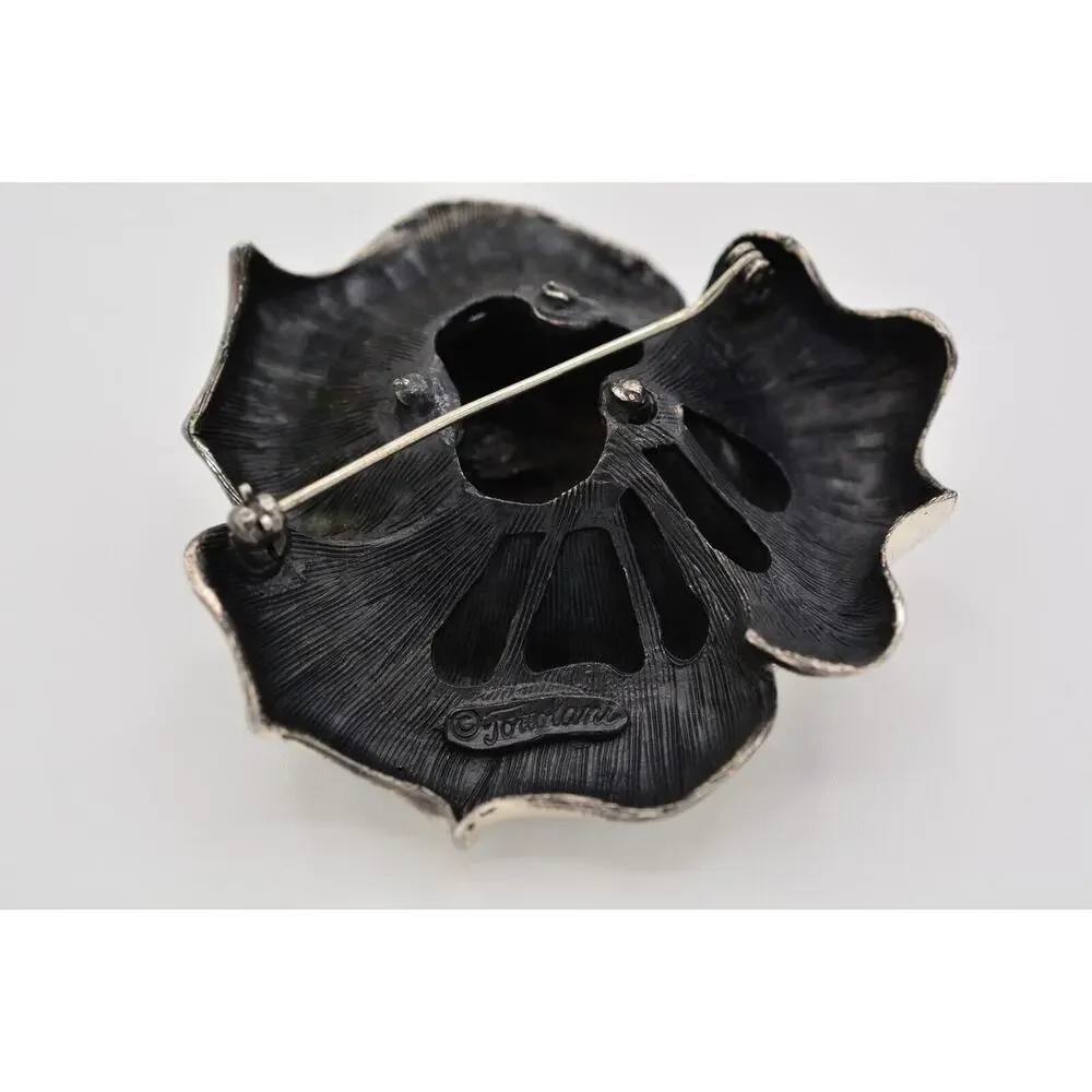 Tortolani Vintage Rose Pin Brooch Flower Chunky Heavy Silver Signed 1950s BinAT
